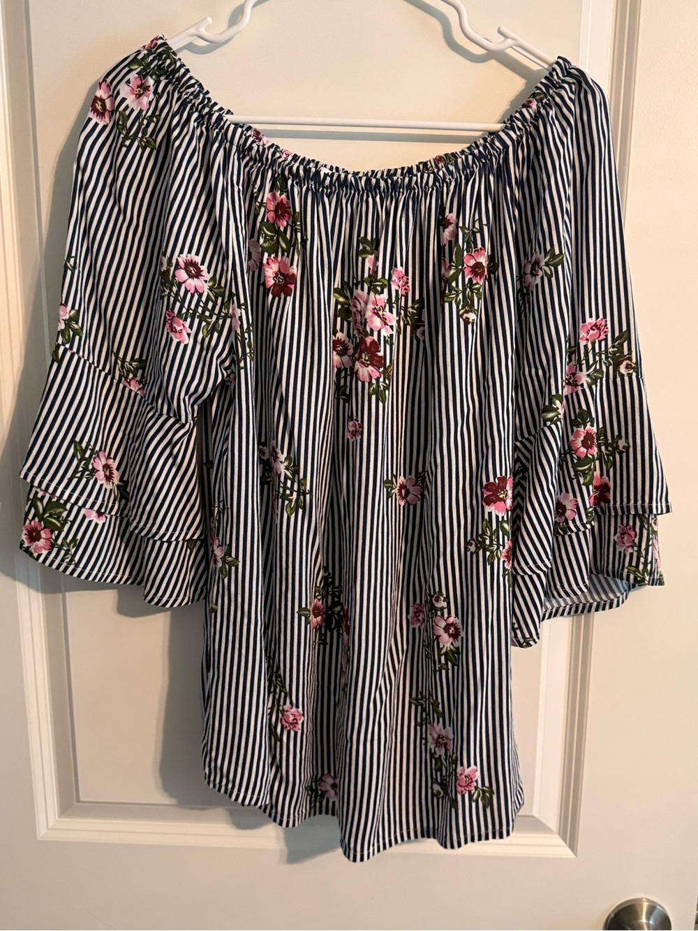 Off-Shoulder Navy and White Striped Tunic with Pink Floral Print